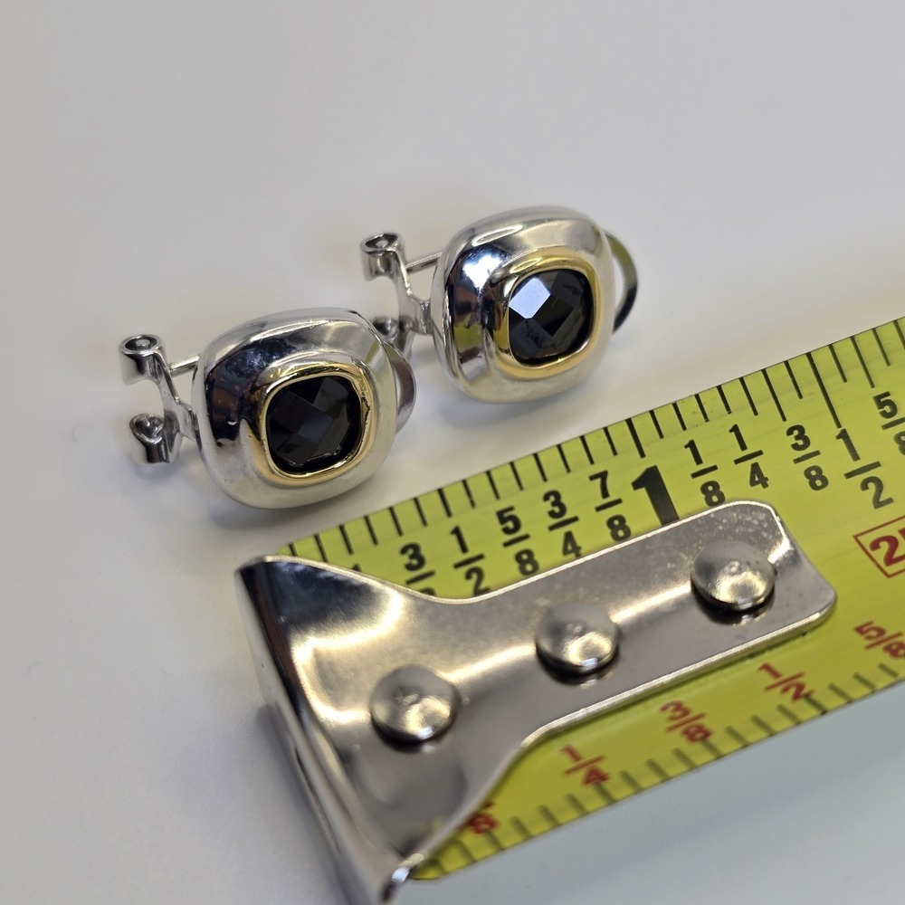 Silver Tone Black Faceted Stone Necklace & Pierced Earrings Set Gold Tone Accent - Picture 13 of 13